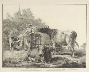 Vacas e uma leiteira De Hollandsche Melk-koeijen/ Les vaches â lait hollandaises (título no objeto)