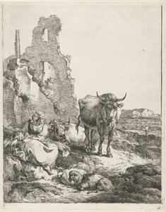 Paisagem com vaca e pastora em pé e deitada em frente a uma ruína de Pieter Gerardus van Os