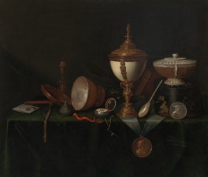 Natureza morta com copo de ovo de avestruz e as heranças de Whitfield, c. 1670. de Pieter Gerritsz van Roestraeten
