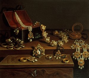 Caixão de jóias sobre uma mesa, principalmente de origem alemã (1600-50)