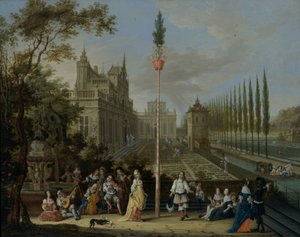 Figuras a dançar à volta de um mastro, nos terrenos de um castelo