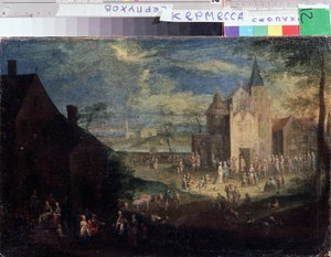 ""Kermesse no lugar de uma aldeia"" (Kermis) Paisagem da cidade na Flandres. Pintura de Peter Gysels (1621-1690) Serpukhov, Museu Estatal de História e Arte da Rússia
