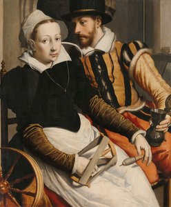 Homem e mulher em uma roda de fiar, c. 1560-70 de Pieter Pietersz the Elder
