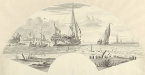 Vista de alguns barcos sobre a água e de um moinho de vento perto de uma igreja de Pieter Idserts