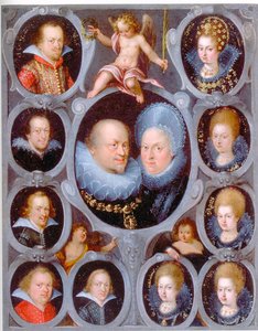 O Duque Frederico I (1557-1608) (r. 1593-1608) e a Duquesa de Württemberg Sibylla com dez dos seus filhos