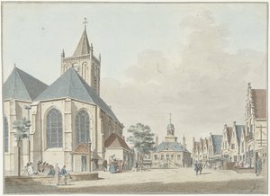 A praça do mercado em Vlaardingen com a igreja e a câmara municipal
