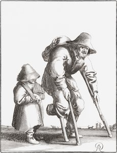 Mendigo aleijado com criança (gravura) de Pieter Jansz (after) Quast