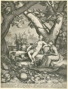 Vertumnus emprestando a figura de uma velha para ganhar Pomonas Love, 1605 (gravura em papel) de Pieter Janszoon Saenredam