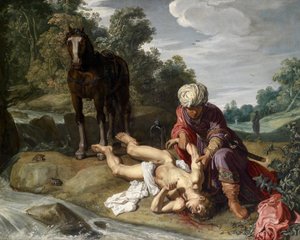 O bom samaritano que trata das feridas do viajante (Lucas 10,25-37) de Pieter Lastman