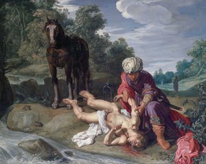 O bom samaritano que trata das feridas do viajante (Lucas 10,25-37) de Pieter Lastman