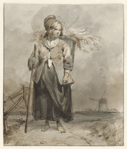Mulher em pé com vara e cesta nas costas de Pieter Marinus van de Laar (attributed to)