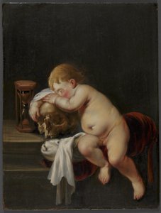 Menino dormindo em um crânio de Pieter Moninckx