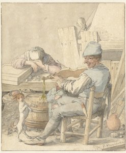 Interior com um homem tocando violino, uma mulher dormindo e um cachorro dançando de Pieter Moninckx