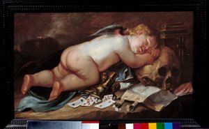 Adoro dormir sobre a cabeça de uma morte. Pintura (Vanite) de Pieter Moninckx (1606 - 1686) Ec. Flam. de Pieter Moninckx