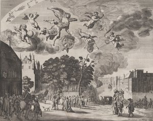 Carlos II entrando em Haia em uma carruagem com o Mauritshuis à direita, de 