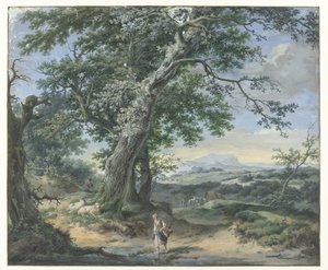 Paisagem montanhosa com árvores pesadas e poeiras humanas de Pieter Pietersz. Barbiers