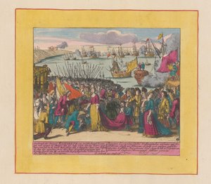 Chegada da princesa Elisabeth Christine de Wolfenbüttel em Mutaro, 1708 Chegada da Princesa Elizabeth de Wolfenbuttel Rainha da Espanha (...) (título no objeto) Teatro da Guerra, Começo do Rei Carlos II. Até o rei Karel de I de Pieter Schenk (I)