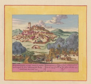Cerco de Albuquerque, 1705
Alberquerque, em Espanha, fora das fronteiras de Portugal, perto de Elvas, subdues sich King Carel de III, den 10 Juny 1705 (título sobre o objecto)
Teatro de Guerra, a começar pelo Rei Carlos II. Até ao Rei Carlos de Pieter Schenk (I)