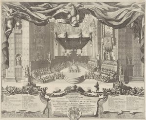 Gezicht in de Sint-Pietersbasiliek Um teatro representando os crimes que acontecem no Templo de São Pedro na cidade de Roma (título no objeto) de Pieter Schenk (I)