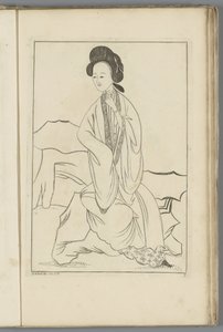 Mulher chinesa com a mão direita na manga do quimono Mulheres chinesas, flores e pássaros (título da série) de Pieter Schenk (II) (possibly)