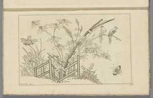 Três pássaros numa árvore florida
Flores e pássaros chineses (título da série) de Pieter Schenk (II)