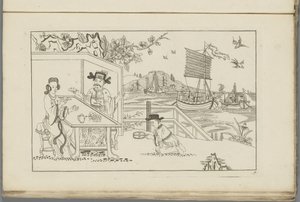Paisagem com um homem e uma mulher a beber chá
Novo chinês inventado, desenhado com grande dificuldade e dado em Lay, por P: Schenk Jun (...), primeira parte (título da série) de Pieter Schenk (II)