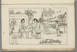 Paisagem com duas mulheres chinesas jogando um jogo de cartas Novo Sineesen inventariado, assinado com grande detalhe e publicado em 