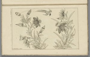 Dois arbustos de flores e uma andorinha Flores e pássaros chineses (título da série) de Pieter Schenk (II)