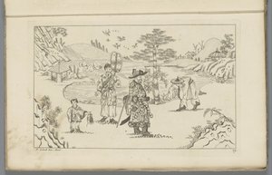 Quatro figuras chinesas em uma paisagem Novo Sineesen inventariado desenhado com grande detalhe e publicado em 