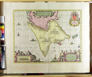 Tabula Magellanica, Quatierrae del Fuego, Placa 18 da nova e grande tocha iluminante do mar por Claes Jansz. Vooght (fl.1680-96) publicado em Amsterdã, 1683 (gravura colorida à mão)