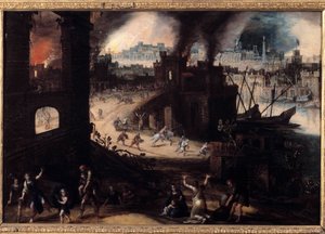 A Destruição da Pintura de Tróia por Pieter Schoubroeck (1570-1607) Besancon do século XVII. Museu de Belas Artes