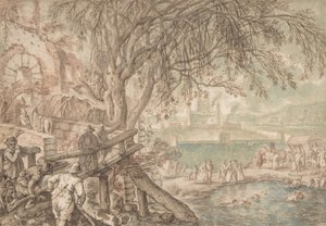 Caçadores e companhia observando cães recuperando patos em uma lagoa O mês de abril, c1610-20. de Pieter Stevens