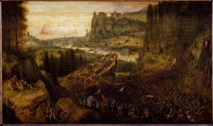 Batalha entre filisteus e israelitas: Saul e seu escudeiro são jogados na espada deles. (pintura de Pieter Bruegel the Elder