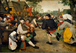Dança Camponesa Um homem toca gaita-de-foles ao lado de um alcoólico. Atrás deles, com a bandeira, há um bordel enquanto os aldeões dançam e se divertem. Pintura de Pieter Bruegel chamado o mais velho (ou Pierre Breugel ou Peter Brueghel ou Breughel de Pieter Bruegel the Elder