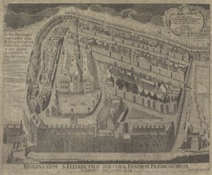 Gezicht op het Sint-Elisabethbegijnhof em Sint-Elisabethkerk te Gent Begginasium de St. Elisabeth sob os cuidados dos Irmãos Pregadores de Ghent desde o ano de 1234 (título no objeto) de Pieter Wauters