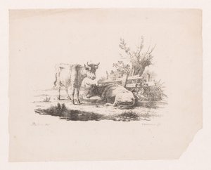 Duas vacas perto de uma cerca e um salgueiro de sondagem de Pieter de Goeje