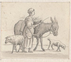 Mulher com burro, ovelha e cão
