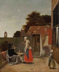 Um homem fumando e uma mulher bebendo em um pátio, c.1658-60