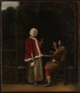 Uma mulher e dois homens num caramanchão de Pieter de Hooch