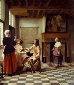 Um interior, com uma mulher bebendo com dois homens e uma criada de Pieter de Hooch