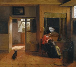 Quarto interno com uma mãe limpando o cabelo de seu filho, conhecido como &39;Trabalho da Mãe&39; de Pieter de Hooch