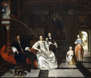 Retrato de grupo da família Jacott-Hoppesack com um cão em um interior clássico sumptuoso, uma senhora e um cavalheiro passeando em um parque por uma porta além, de Pieter de Hooch