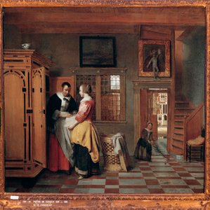 Interior com mulheres ao lado de um baú de linho de Pieter de Hooch