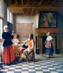 Interior, mulher bebendo com dois homens e uma criada, c1658