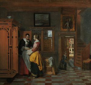 Interior com mulheres ao lado de um armário de linho, 1663 de Pieter de Hooch