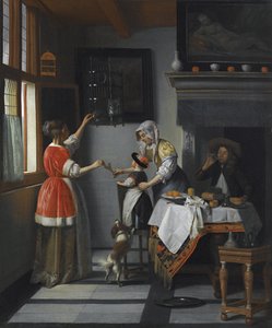 Interior com uma criança alimentando um papagaio par Hooch, Pieter, de de Pieter de Hooch