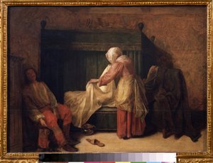 "A Manhã de um Jovem" Um jovem que se prepara para acordar enquanto uma empregada faz a cama. No chão, um chinelo e um vaso de câmara. Pintura por Pieter de Hooch (1629-1684) 1655-1657 Museu Pushkin, Moscovo de Pieter de Hooch