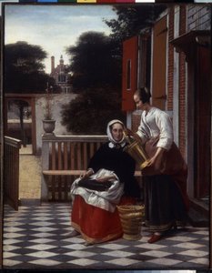 Uma Senhora e a sua criada. A senhora da casa no terraço ocupada com um projecto de costura observa o trabalho feito pela sua empregada. Pintura por Pieter de Hooch (1629-1684)
