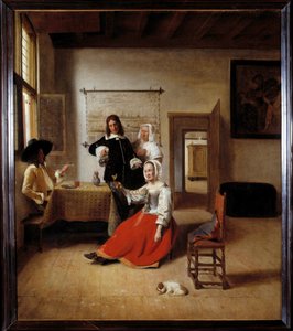A bebedeira Uma mulher alcoólica numa casa flamenga rodeada por outros bebedores. Pintura de Pieter de Hooch (1629-1684) 1658 Sol. 0,69x0,6 m - Mulher que bebe com soldados. Interior de uma casa flamenga. Pintura de Pieter de Hooch (1629-1684)