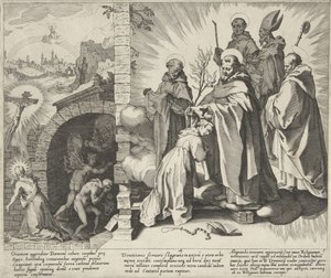 Santa Catarina reza / Visão de Santa Catarina / Santa Catarina torna-se Dominicana
Cenas da vida e milagres de Santa Catarina de Siena (título da série)
Vita mors gesta, et miracula quaedam selecta B. CATHERINAE SENENSIS (...) (título da série) de Pieter de Jode (I)